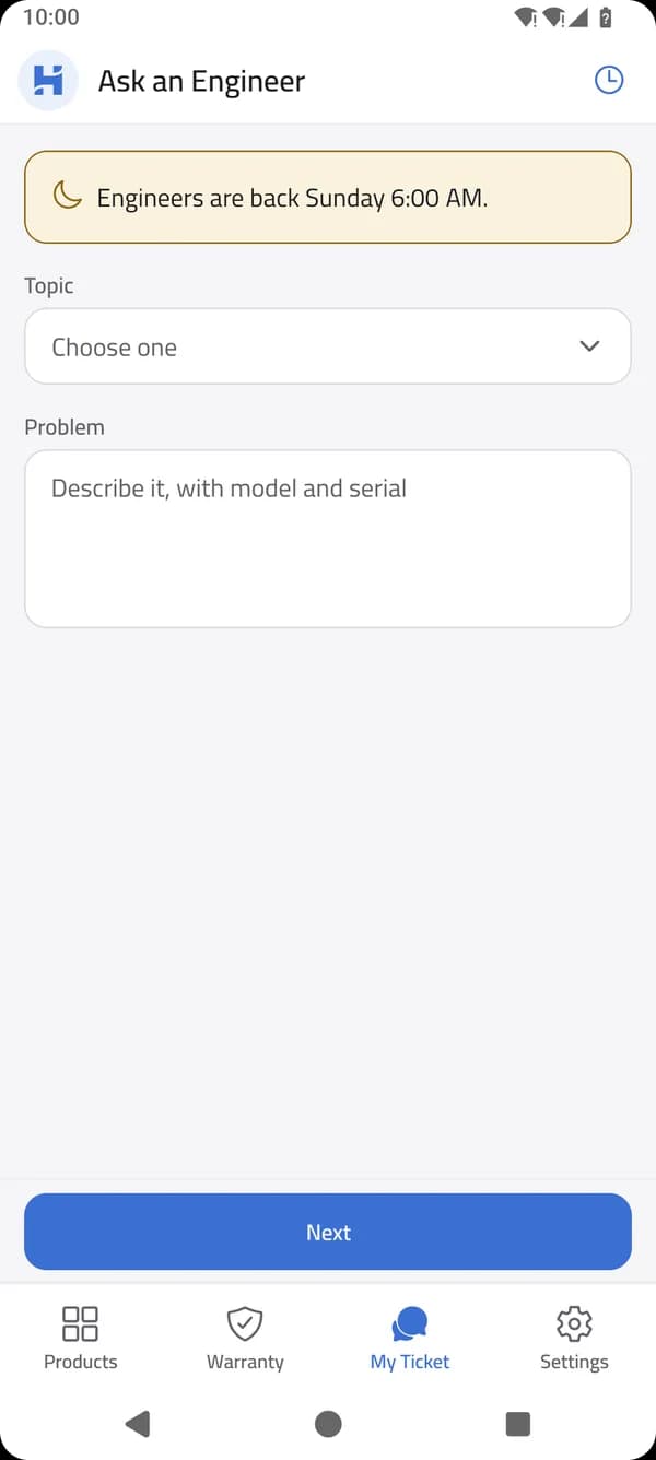 Ask an Engineer screen in the Horizon Care app