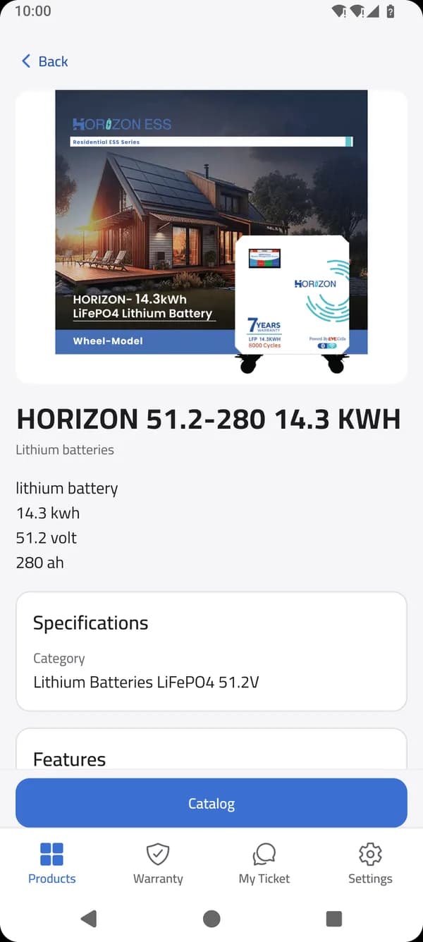 Specifications screen in the Horizon Care app
