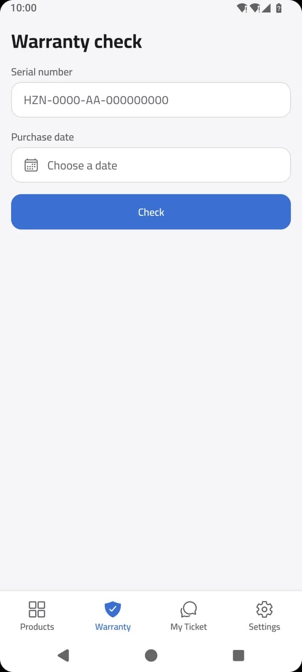 The warranty check screen of Horizon Care